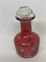 VTG. 4” CRANBERRY CUT TO CLEAR DECANTER