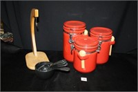 Red Ceramic Canister Set w/wooden spoons