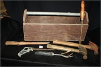 Wooden Toolbox w/small tools-2 Hammers etc..