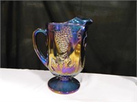 Carnival Glass Pitcher; Blue w/purple & gold