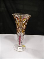 Genuine Lead Crystal Vase w/Gold & Red Colors;