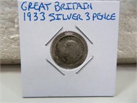 1933 Great Britain Silver 3 Pence Coin