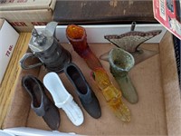 Tray lot of glass slippers etc