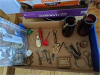 Tray lot old keys, gold filled items beer oddities