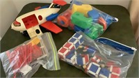Fisher Price airplane, plastic blocks, wooden