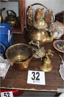 Brass Tea Pot, Bowl, and Bell