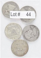 Lot # 44 – Five Franklin Silver Half Dollars