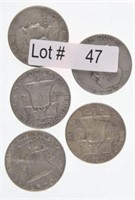 Lot # 47 - Five Franklin Silver Half Dollars