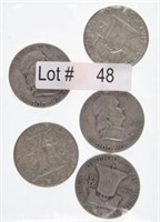 Lot # 48 - Five Franklin Silver Half Dollars