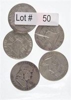 Lot # 50 - Five Franklin Silver Half Dollars