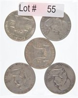 Lot # 55 - Five Franklin Silver Half Dollars