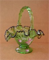 Fenton Painted Green Glass Basket