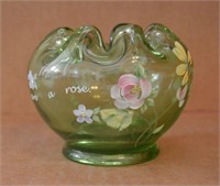 Fenton Painted Green Glass Vase