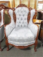 FRENCH CARVED BACK GENTLEMENS WINGED BACK CHAIR