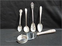 4 ASSORTED STERLING SPOONS, 1 STERLING NAPKIN RING