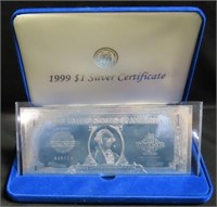 1999 ONE DOLLAR SILVER CERTIFICATE WITH COA