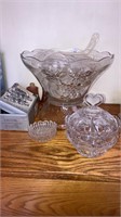 Punch bowl set, lead crystal covered candy dish