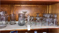 Shelf lot small appliances, Christmas glasses jars