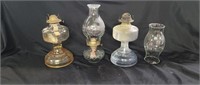 3 Oil Lamps and Glass Hurricane Shade