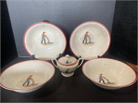 Vintage farmer themed bowls and sugar bowl