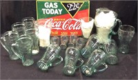 COCA COLA GLASSES, PITCHER AND SIGN