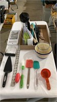 Kitchen utensils, glass bowls, food grader
