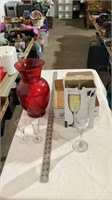 Large glass vase, Chandon glasses, small glass