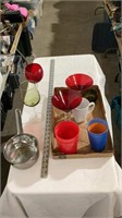 Glass cup, metal cooking pot, champagne glasses