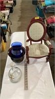 Small wood chair, glass vases, glass jug