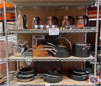 assorted pots and pans, electric kettle and more