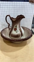 Brown Ironstone England pitcher and bowl set