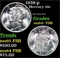 1938-p Mercury Dime 10c Grades Choice Unc+ FSB