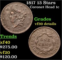 1817 13 Stars Coronet Head Large Cent 1c Grades VF