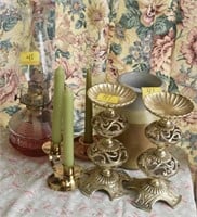 CANDLEHOLDERS, OIL LAMP & VASE