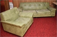 GREEN VINYL SOFA AND CHAIR