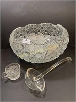 Large Glass Punch Bowl w/ Cups & Ladle