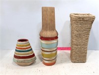 2 Multi Colored & 1 Twine Vase