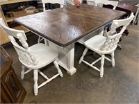 Oak and white dining table with 4 chairs, 1 leaf