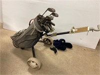 Right handed golf clubs. With a cart and contents