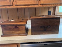 One wooden bread box and one wooden chest