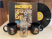 Mickey Mouse 50th album, two mugs and candy dish.
