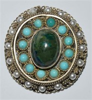 Mediterranean Gilt Silver Turquoise Pearls Pin