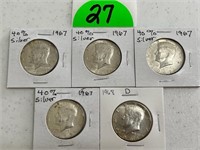 (5) 40 Percent Silver Kennedy Half Dollars