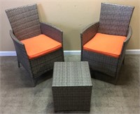 3 PIECE RATTAN STYLE PATIO SET, 2 CHAIRS & TABLE