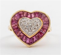 14K Gold Ruby Diamond Heart Motif Ring Size 7