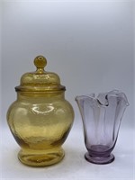 Amber Colored Glass Jar with Lid and Purple Vase
