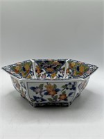 Vintage Asian Porcelain Bowl Hexagon Blue and Oran