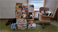 Shelf, chair and assorted office supplies