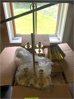 GROUP OF BRASS LAMP PARTS, CANDLE STANDS