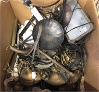 BOX OF LAMPS, LIGHT PARTS, MISC SOME BRASS